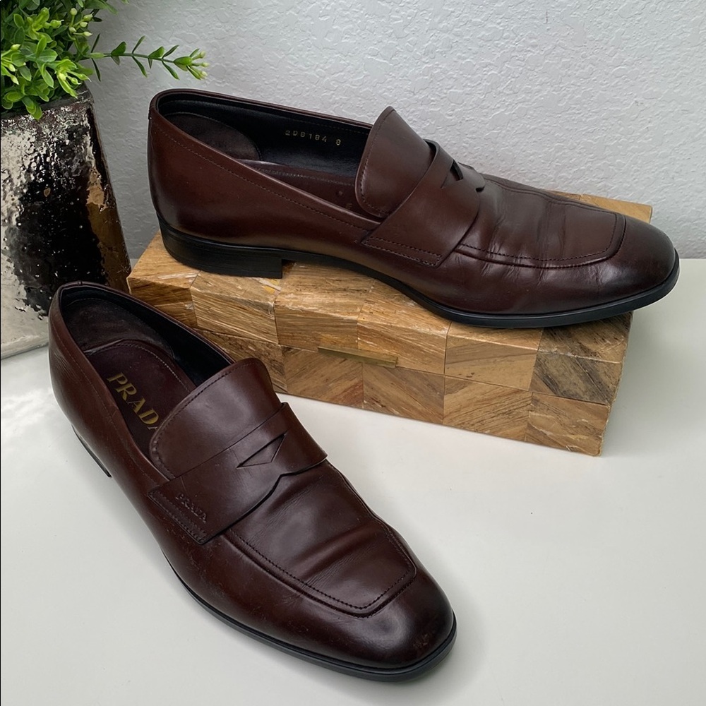 Prada‎ Penny Loafers Brown Brushed Leather Slip On Size UK8/US9 Authenticated